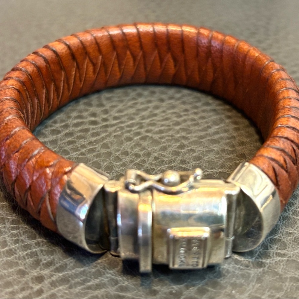 Vintage Mens Wide Woven Thick Leather Bracelet Chunky Marked 925 Sterling Silver